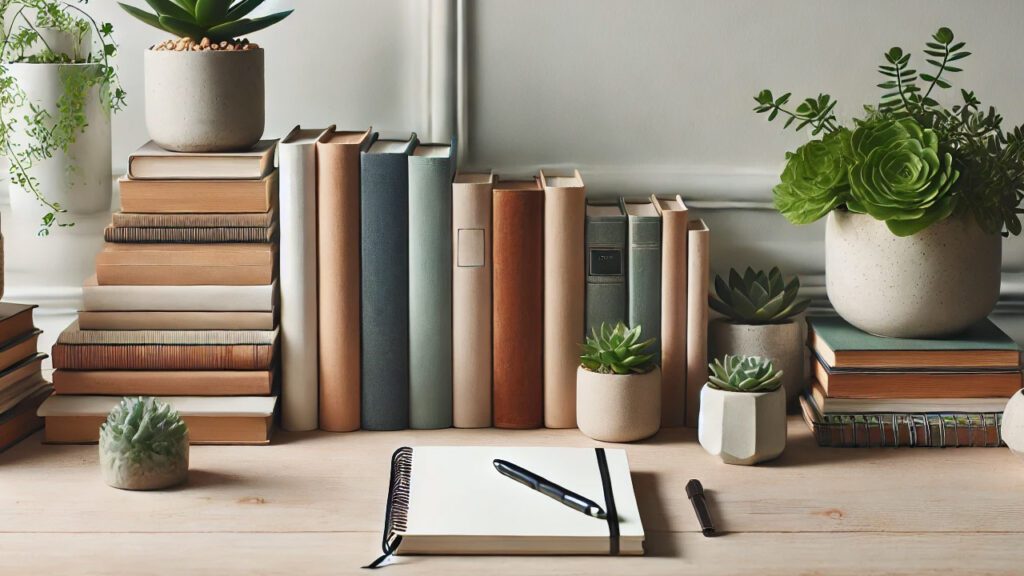 Wide table setting illustrating the benefits of journaling for mental health, featuring a stack of books on the left, house plants on the table, and a journal notebook with a pen in the center, creating an inviting environment for reflective writing and personal growth