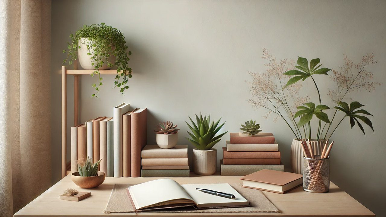 Cozy table setting showcasing the benefits of journaling for mental health, with a stack of books on the left, house plants on the table, and a journal notebook with a pen at the center, highlighting a serene environment for reflective writing and personal growth.