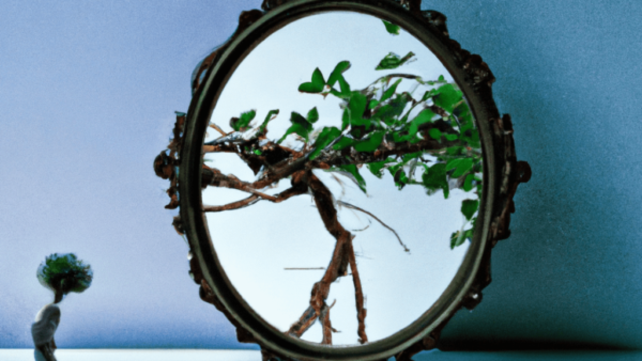 DALL·E 2023-07-18 12.53.26 - a bonsai inspired art of stepping into a mirror from a bad environment to a more zenful one