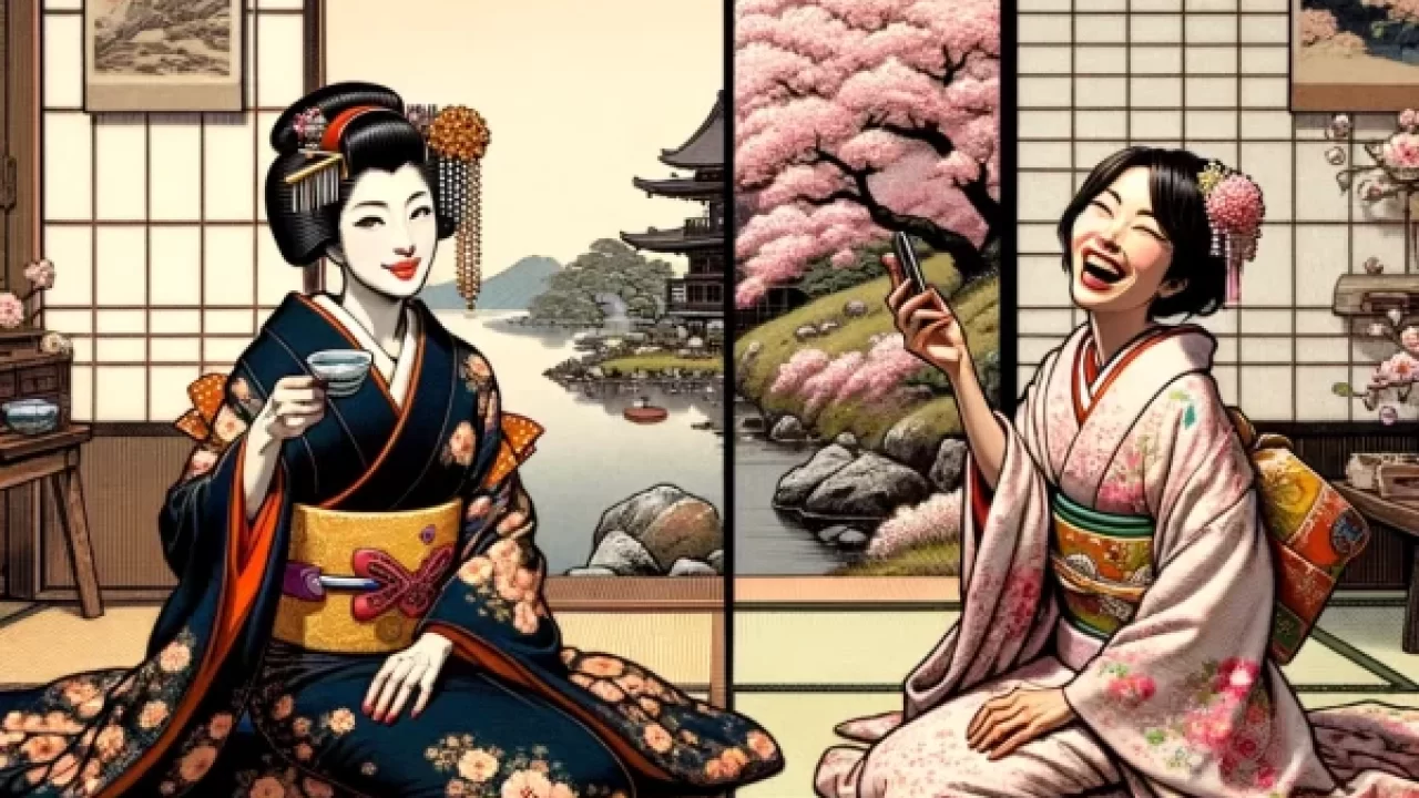 DALL·E 2024-03-22 06.50.44 - Visualize a split-screen composition in Ukiyo-e style. On one side, depict a highly stylized, picture-perfect scene reminiscent of traditional social