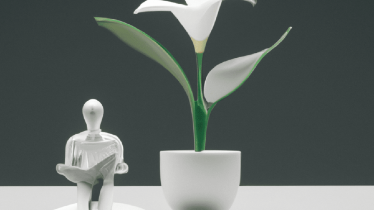 DALL·E 3d minimalistic art of a herbal Kanna white flower plant on time of a book and a person studying